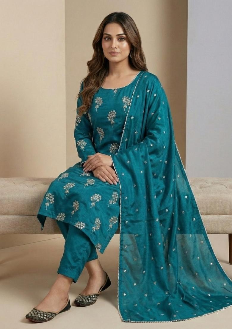 Teal Embroidered Chinon Salwar Suit - Indya