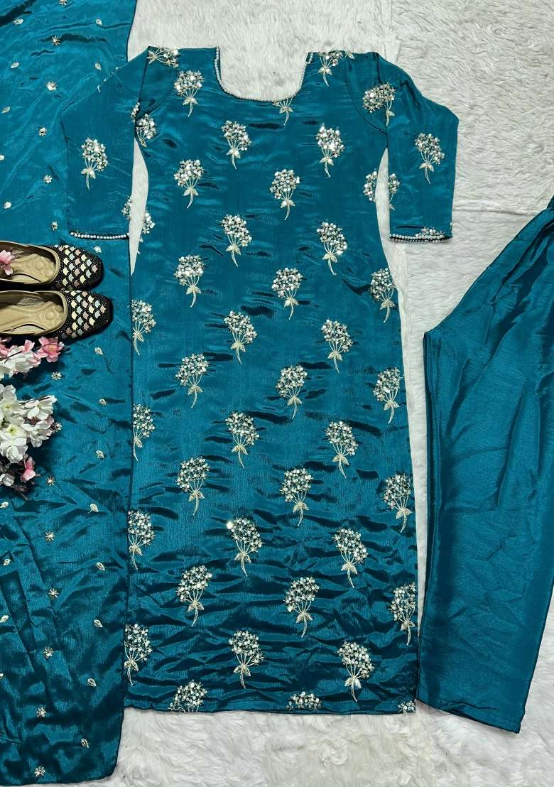 Teal Printed Chinon Straight Kurta Set - Indya