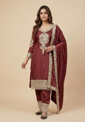 Maroon Embroidered Silk Salwar Suit