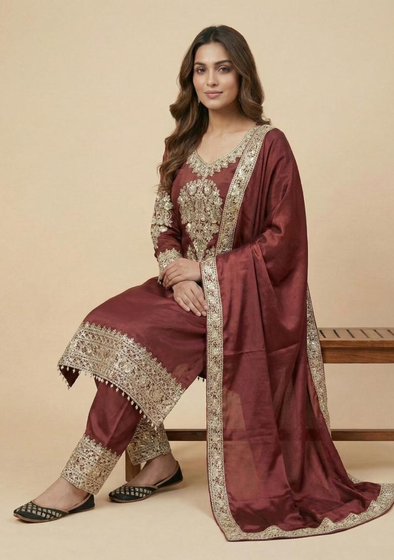 Maroon Embroidered Silk Salwar Suit - Indya