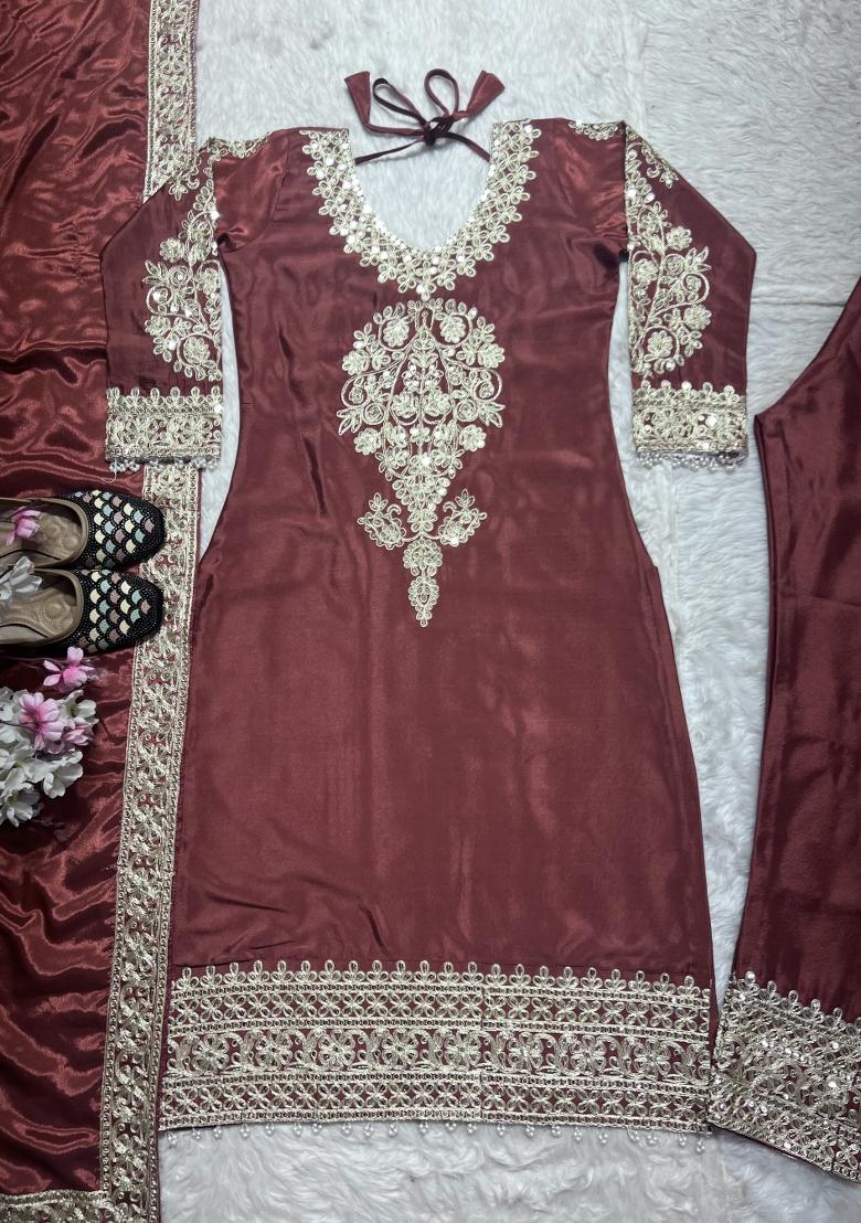 Maroon Embroidered Silk Salwar Suit - Indya