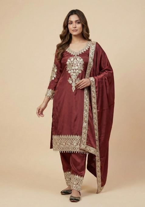 Maroon Embroidered Silk Salwar Suit