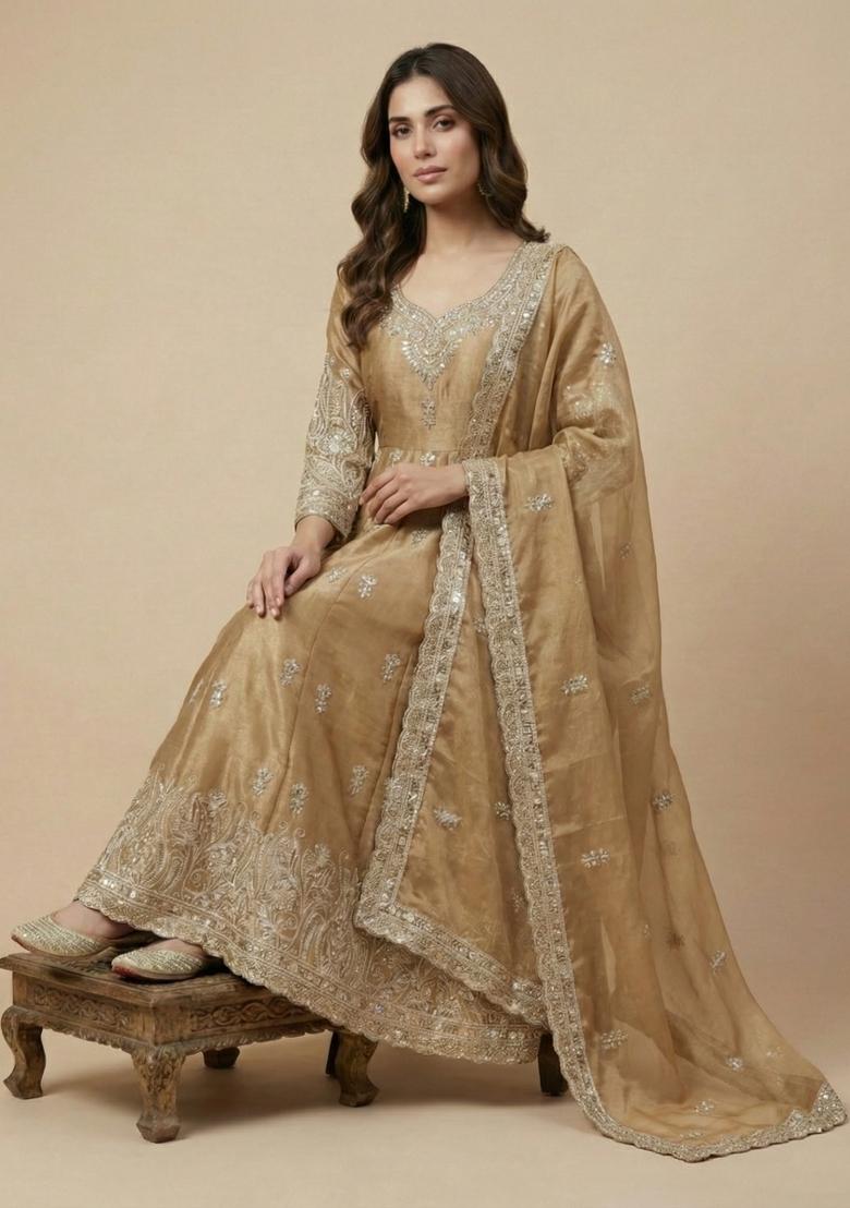 Beige Embroidered Silk Salwar Suit - Indya