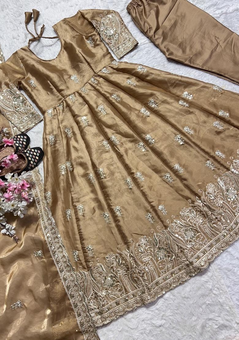 Beige Embroidered Silk Salwar Suit - Indya