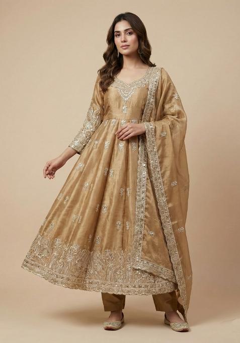 Beige Embroidered Silk Salwar Suit