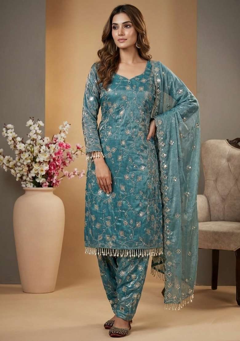 Blue Embroidered Silk Blend Punjabi Suit - Indya