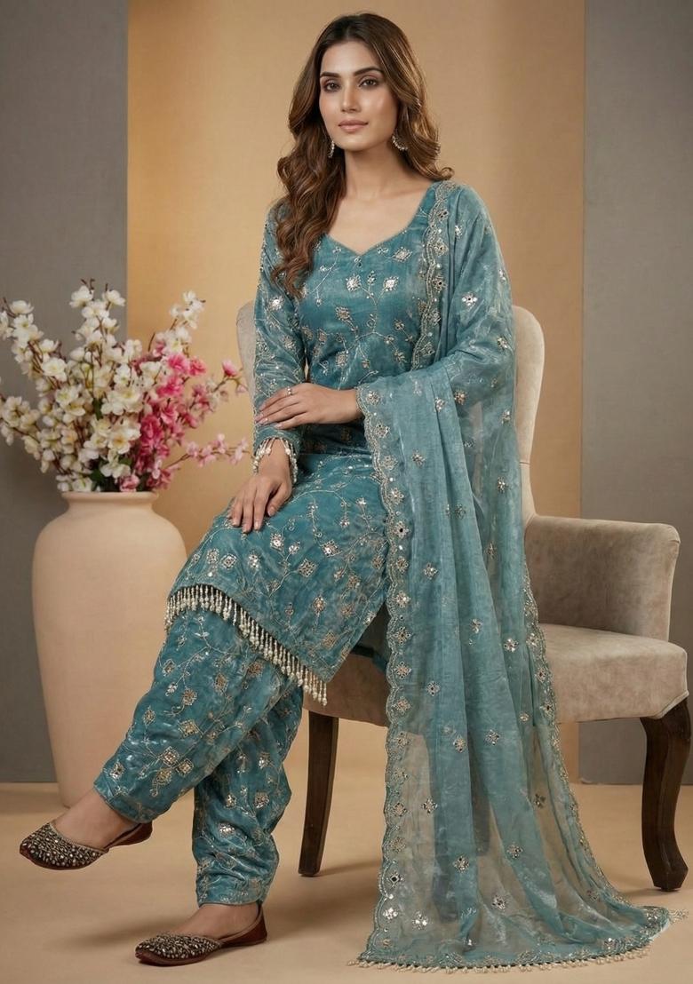 Blue Embroidered Silk Salwar Suit - Indya
