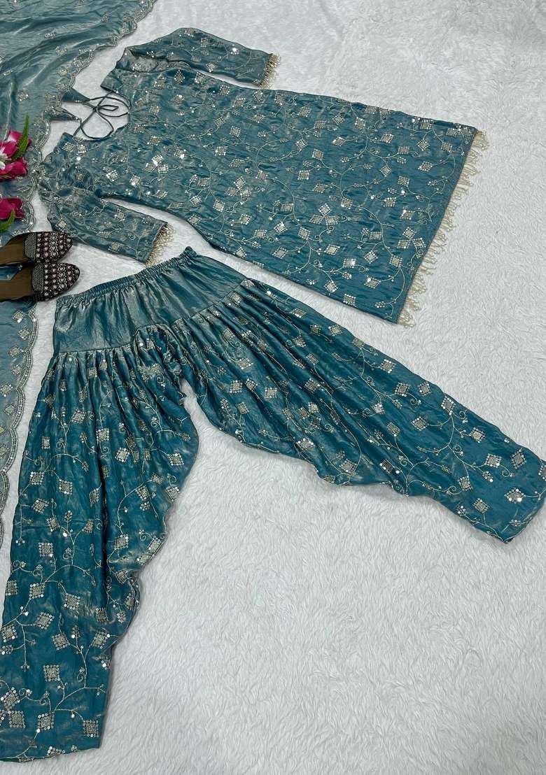 Blue Embroidered Silk Blend Punjabi Suit - Indya
