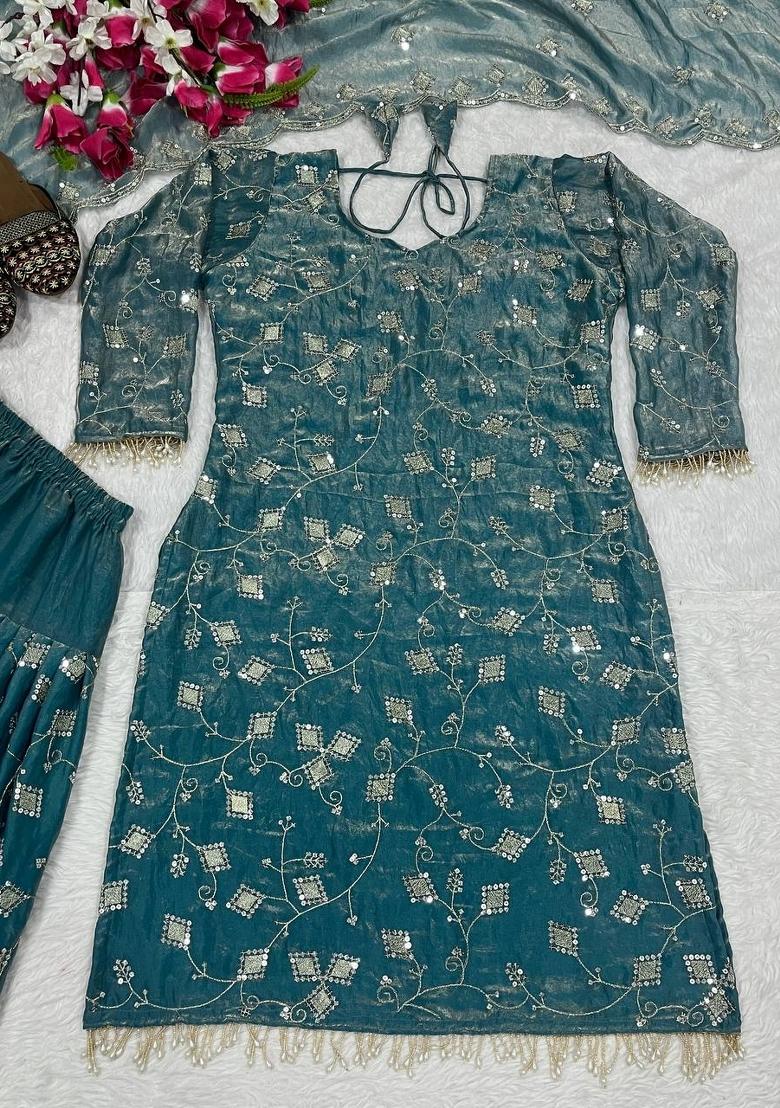 Blue Embroidered Silk Salwar Suit - Indya