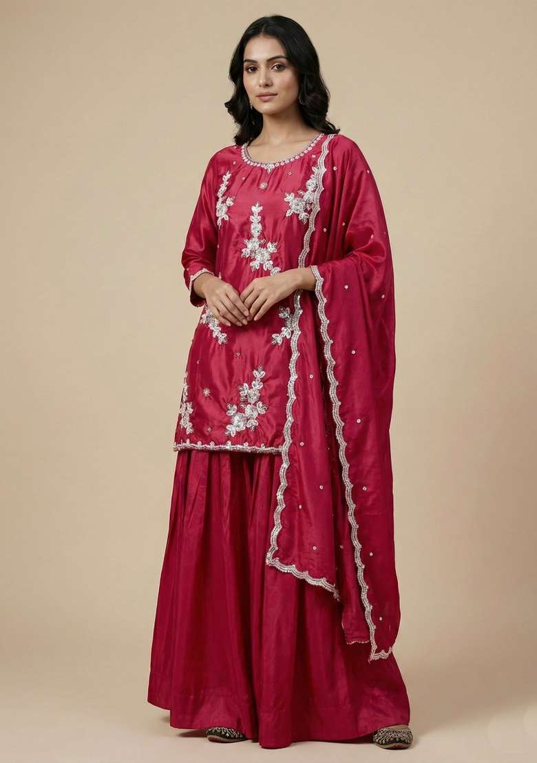 Pink Embroidered Crepe Sharara Set - Indya