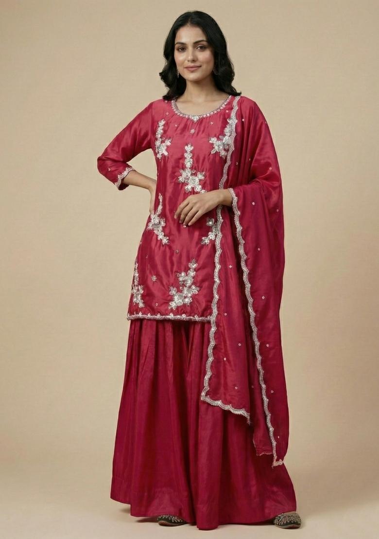 Pink Embroidered Crepe Salwar Suit - Indya