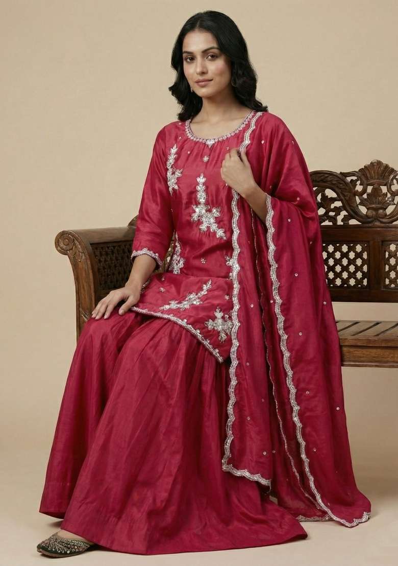 Pink Embroidered Crepe Sharara Set - Indya