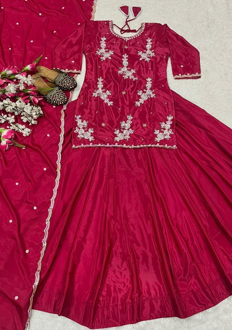 Pink Embroidered Crepe Salwar Suit - Indya