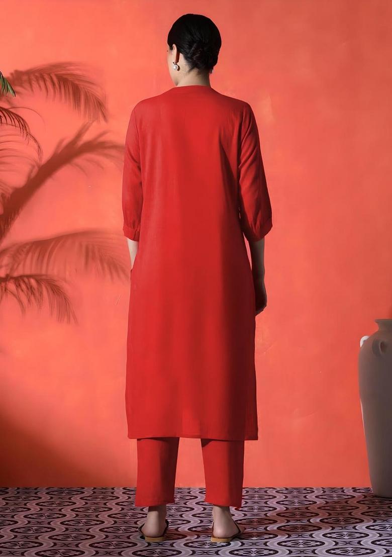 Red Embroidered Cotton Kurta Set - Indya