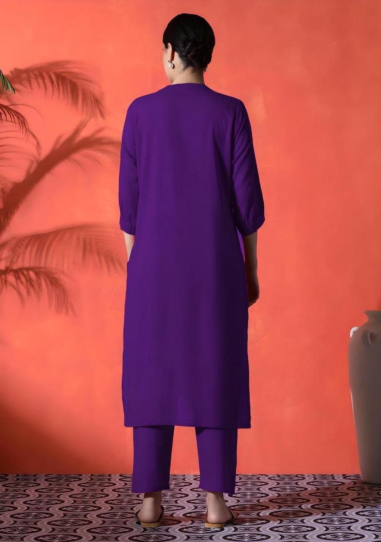 Purple Embroidered Cotton Kurta Set - Indya