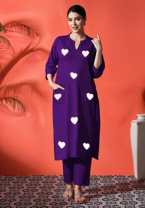 Purple Embroidered Cotton Kurta Set