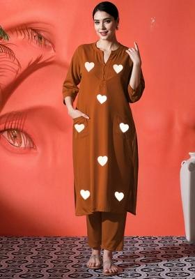 Brown Embroidered Cotton Kurta Set
