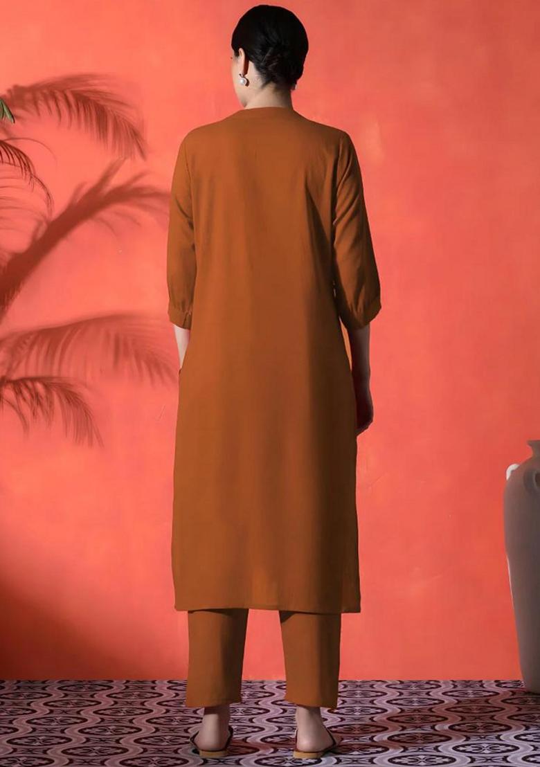 Brown Embroidered Cotton Kurta Set - Indya