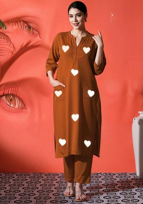 Brown Embroidered Cotton Kurta Set