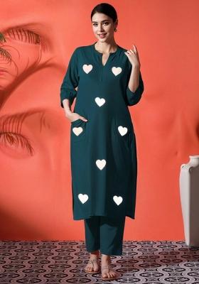 Dark Green Embroidered Cotton Kurta Set