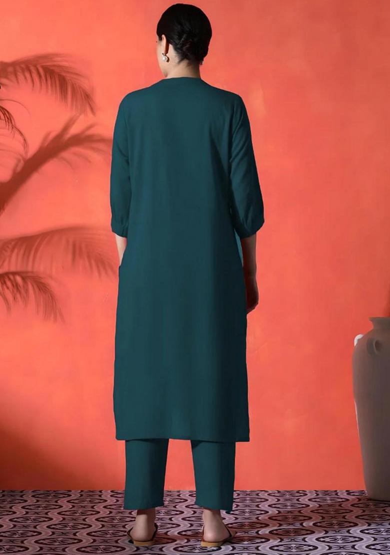 Dark Green Embroidered Cotton Kurta Set - Indya