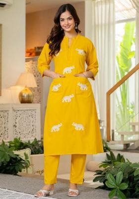 Yellow Embroidered Cotton Kurta Set