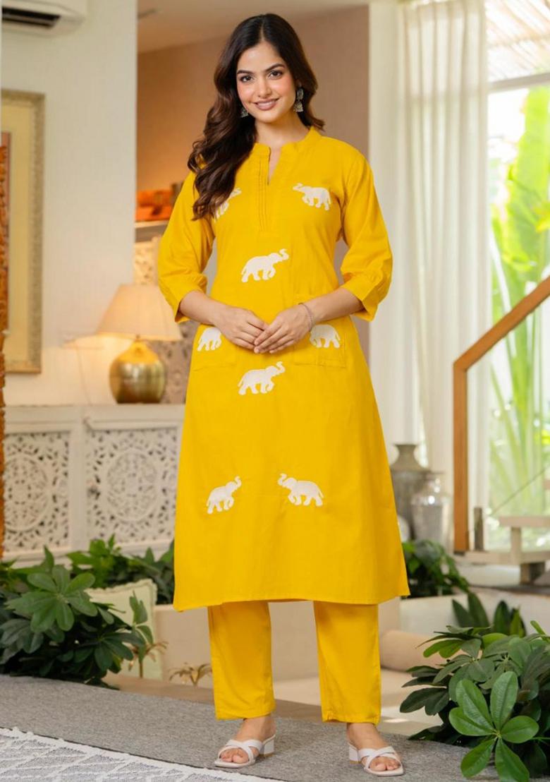 Yellow Embroidered Cotton Kurta Set - Indya