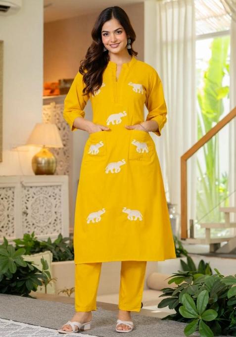 Yellow Embroidered Cotton Kurta Set