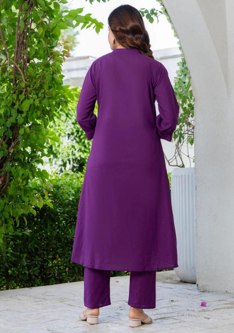 Purple Embroidered Cotton Kurta Set - Indya