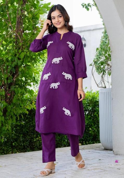 Purple Embroidered Cotton Kurta Set