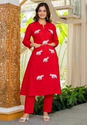 Red Embroidered Cotton Kurta Set