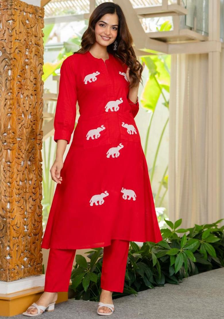 Red Embroidered Cotton Kurta Set - Indya