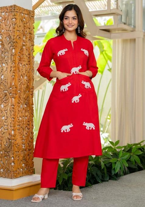 Red Embroidered Cotton Kurta Set