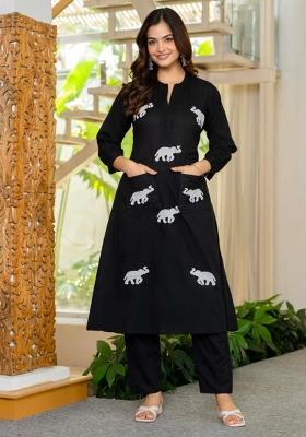 Black Embroidered Cotton Kurta Set