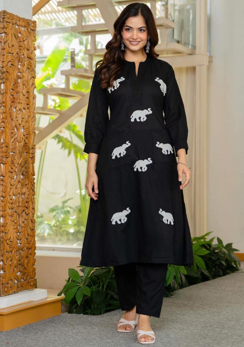Black Embroidered Cotton Kurta Set - Indya