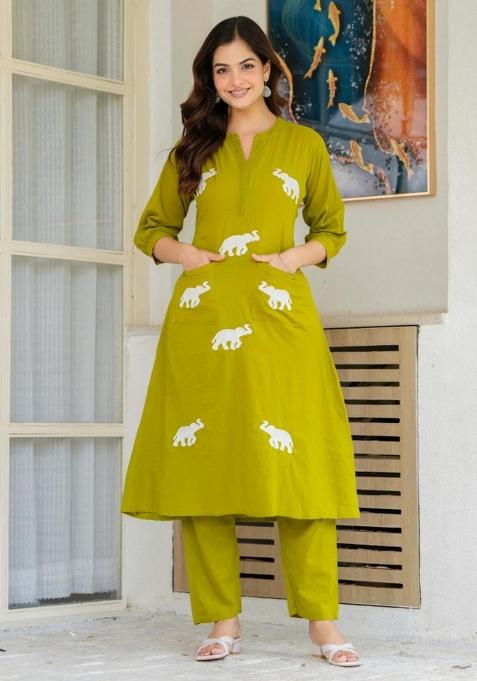 Green Embroidered Cotton Kurta Set