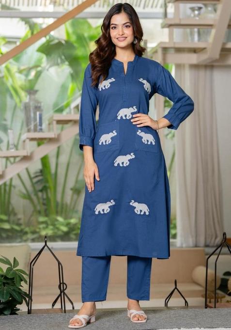 Dark Blue Embroidered Cotton Kurta Set
