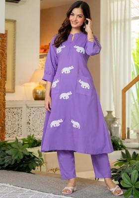 Blue Embroidered Cotton Kurta Set