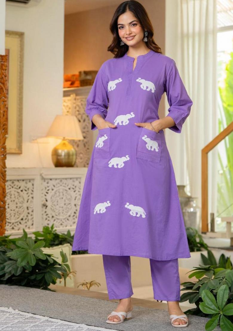 Blue Embroidered Cotton Kurta Set - Indya