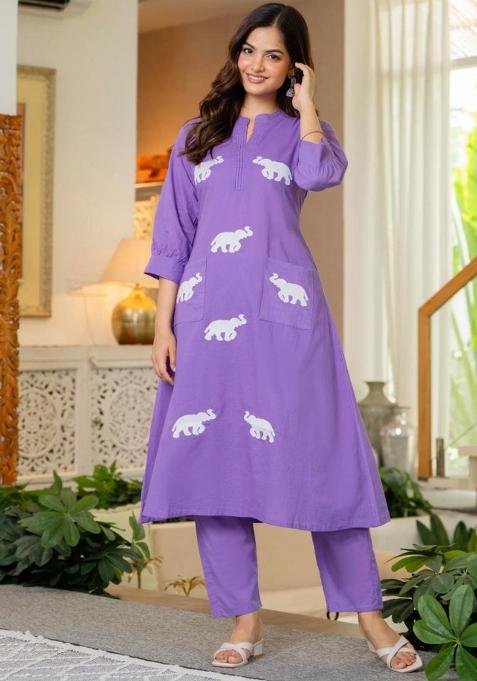 Blue Embroidered Cotton Kurta Set