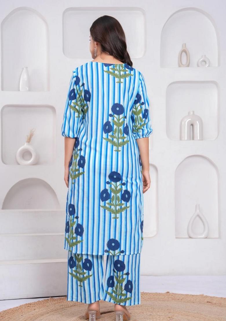 Blue Printed Cotton Kurta Set - Indya