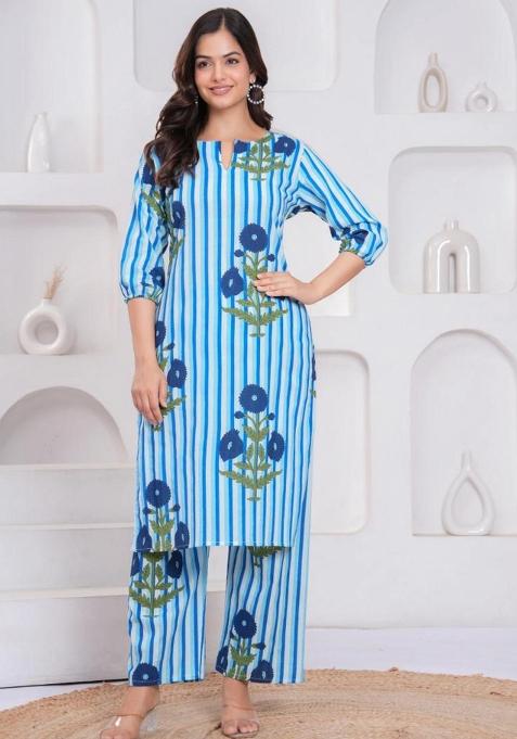 Blue Printed Cotton Kurta Set