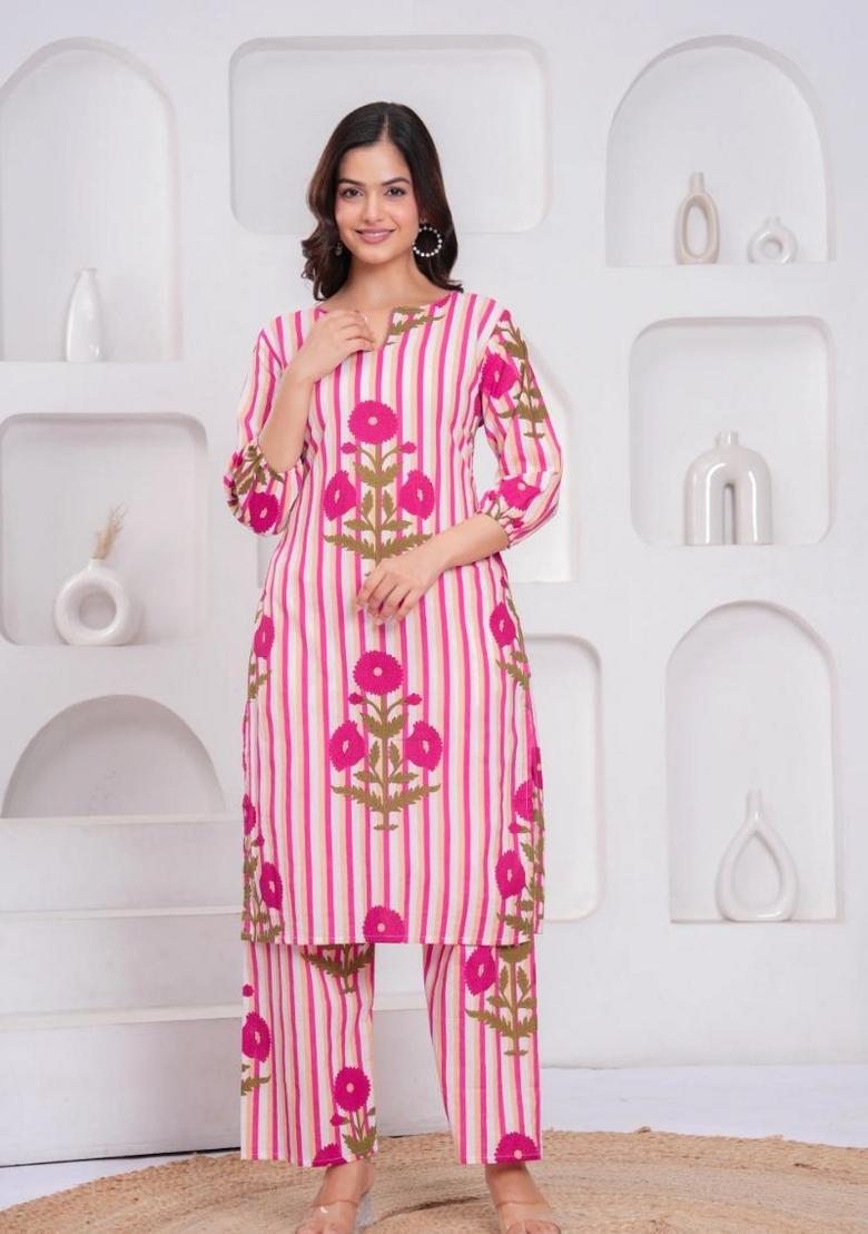 Pink Printed Cotton Kurta Set - Indya