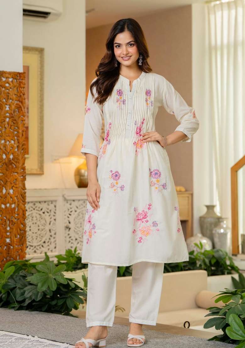 White Printed Cotton Kurta Set - Indya