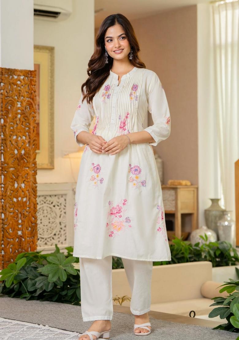 White Printed Cotton Kurta Set - Indya
