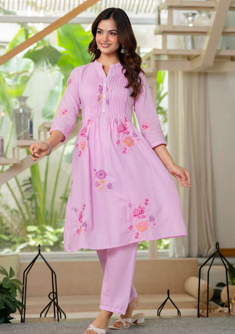 Pink Printed Cotton Kurta Set - Indya