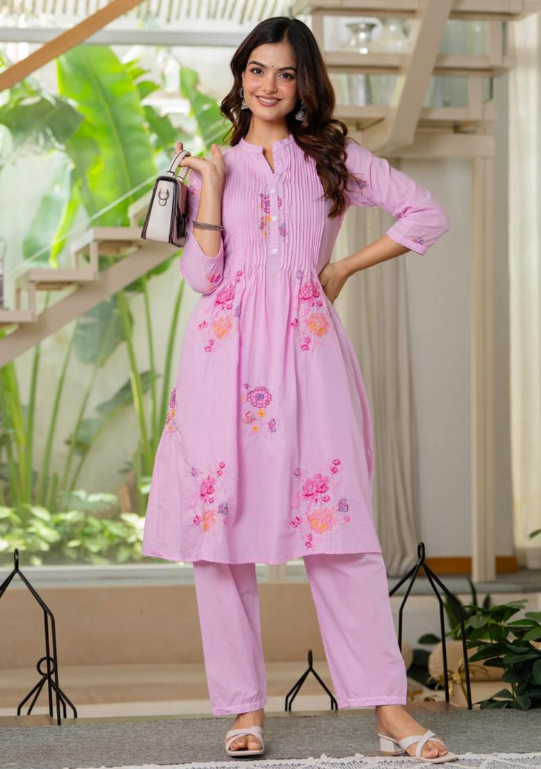 Pink Printed Cotton Kurta Set - Indya
