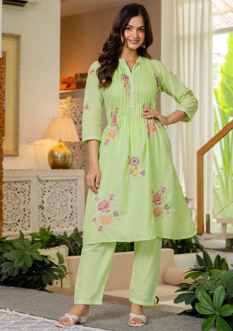 Green Printed Cotton Kurta Set - Indya