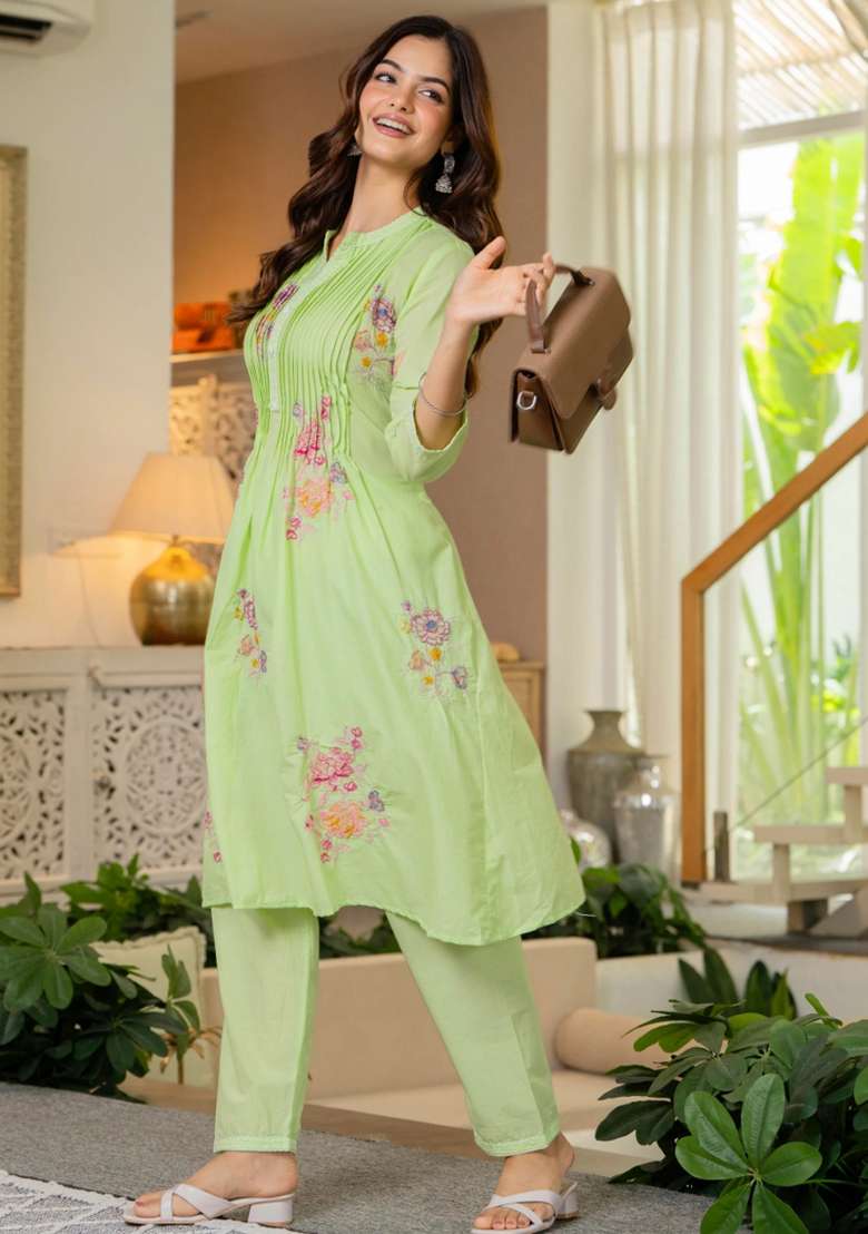 Green Printed Cotton Kurta Set - Indya