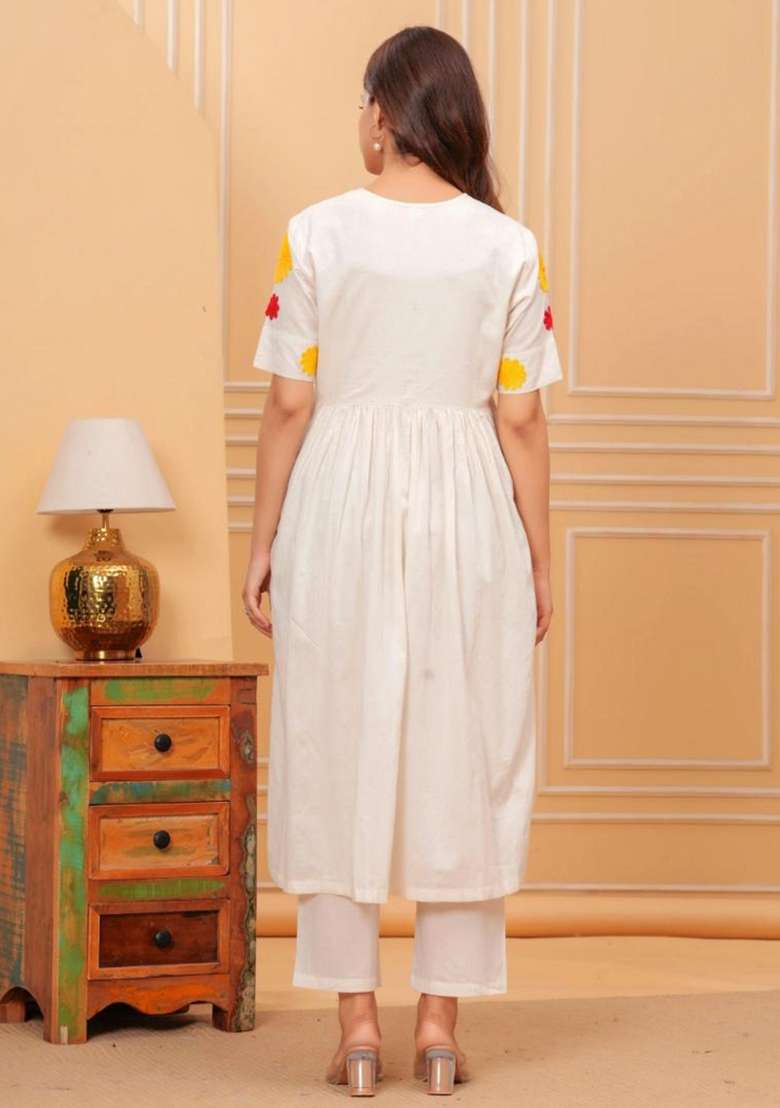 White Embroidered Cotton Kurta Set - Indya